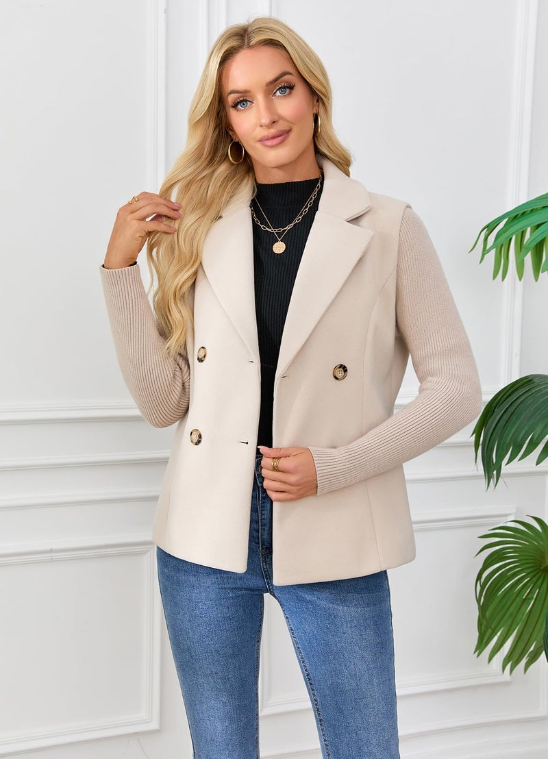 ebossy Women's Double Breasted Wool Pea Coat Notched Lapel Ribbed Knit Long Sleeve Sweater Short Blazer Jacket (M, Apricot) - Image 2