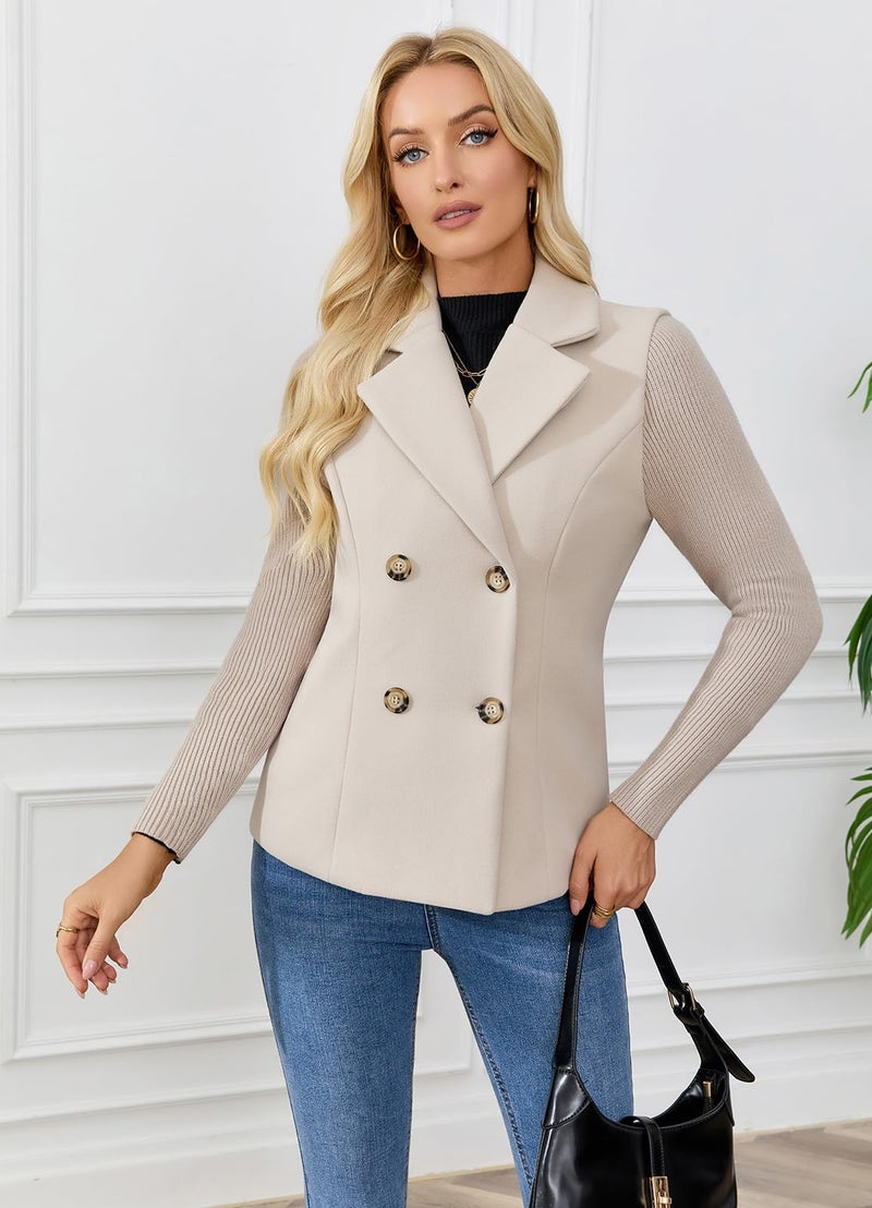 ebossy Women's Double Breasted Wool Pea Coat Notched Lapel Ribbed Knit Long Sleeve Sweater Short Blazer Jacket (M, Apricot) - Image 5