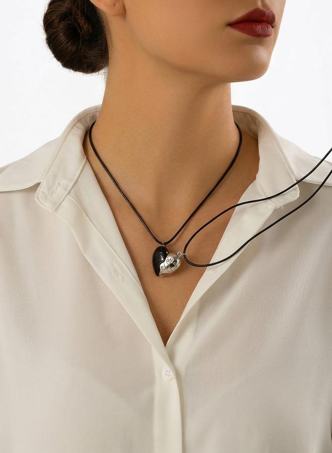 Take Two Set of 2 - Couple Heart Pendant Necklace with Magnetic Leather Cords - Image 1
