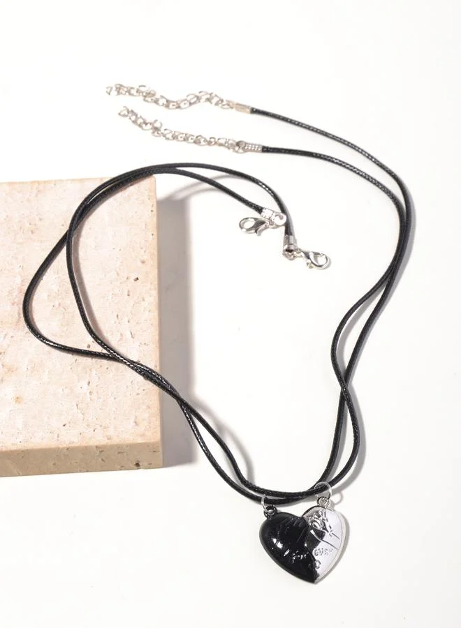 Take Two Set of 2 - Couple Heart Pendant Necklace with Magnetic Leather Cords