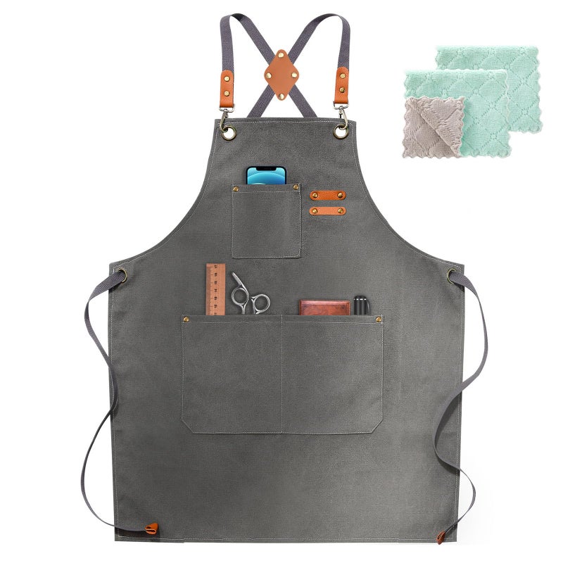 ZOMAO Chef Apron, Apron for Men Women with Adjustable Straps Cotton Canvas Cross Back Adjustable Apron with Pockets for Women and Men(Grey) - Image 5