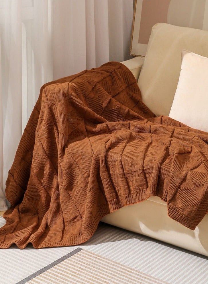 Loquat Solid Color Waffle Pattern Knitted Soft Throw Blanket Keep Warm Caramel  - Image 1