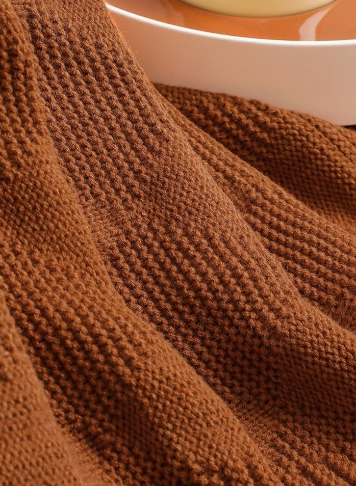 Loquat Solid Color Waffle Pattern Knitted Soft Throw Blanket Keep Warm Caramel  - Image 3