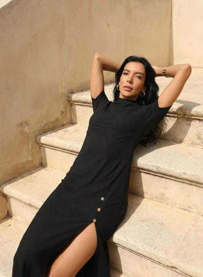 هاي ستار Black Textured Midi Dress with Side Slit