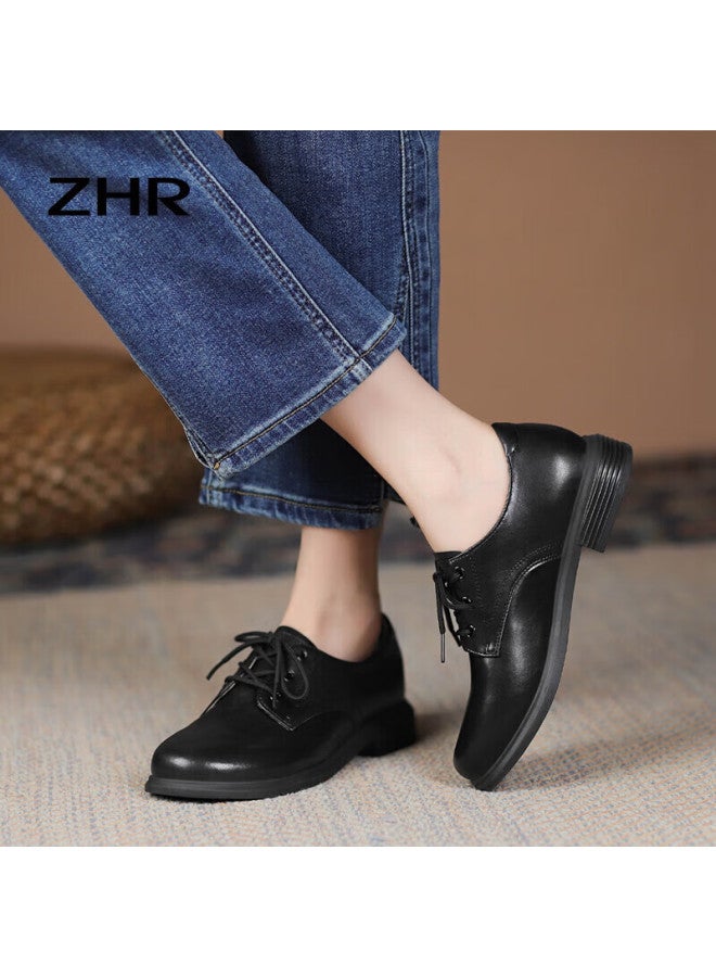 Zhr British Style Women's Leather Shoes, Round Toe Lace-up, Genuine Leather, Chunky Heel, Women's Flats, Ay127, Black, Size 36 - Image 2