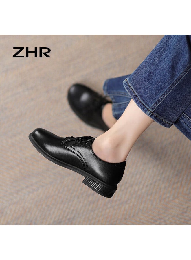 Zhr British Style Women's Leather Shoes, Round Toe Lace-up, Genuine Leather, Chunky Heel, Women's Flats, Ay127, Black, Size 36 - Image 3