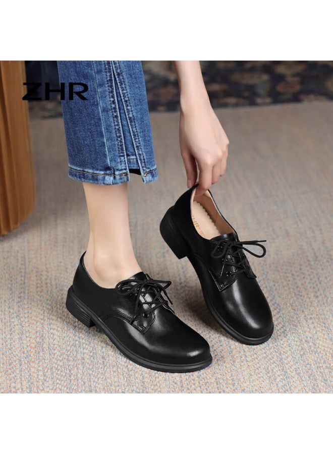Zhr British Style Women's Leather Shoes, Round Toe Lace-up, Genuine Leather, Chunky Heel, Women's Flats, Ay127, Black, Size 36 - Image 1