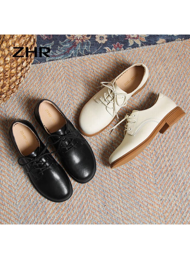 Zhr British Style Women's Leather Shoes, Round Toe Lace-up, Genuine Leather, Chunky Heel, Women's Flats, Ay127, Black, Size 36 - Image 5