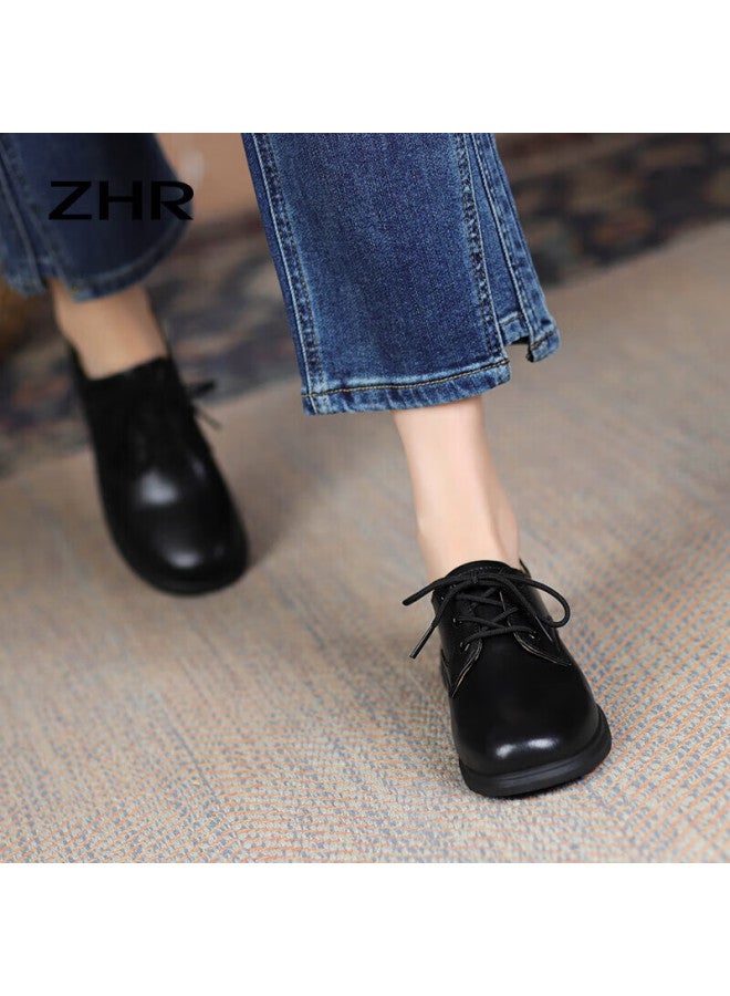 Zhr British Style Women's Leather Shoes, Round Toe Lace-up, Genuine Leather, Chunky Heel, Women's Flats, Ay127, Black, Size 36 - Image 4