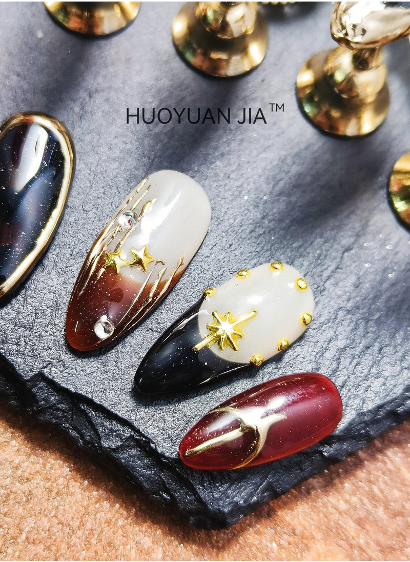 HUOYUAN JIA 10 Pieces Handmade Press On Nails,Reusable and Removable Almond Shaped Fake Nails,American style,Hand Drawn Leopard Print Pattern,Star and Rhinestone Decorations,Comes with A Rubbing Strip and A Piece of Jelly Glue for Fashionable Women's Holiday Gifts,Fake Nail Set  - Image 5