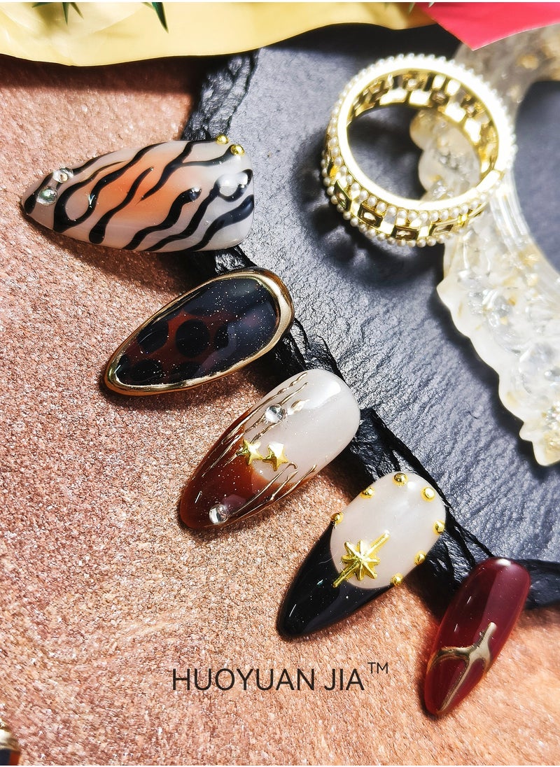 HUOYUAN JIA 10 Pieces Handmade Press On Nails,Reusable and Removable Almond Shaped Fake Nails,American style,Hand Drawn Leopard Print Pattern,Star and Rhinestone Decorations,Comes with A Rubbing Strip and A Piece of Jelly Glue for Fashionable Women's Holiday Gifts,Fake Nail Set  - Image 2