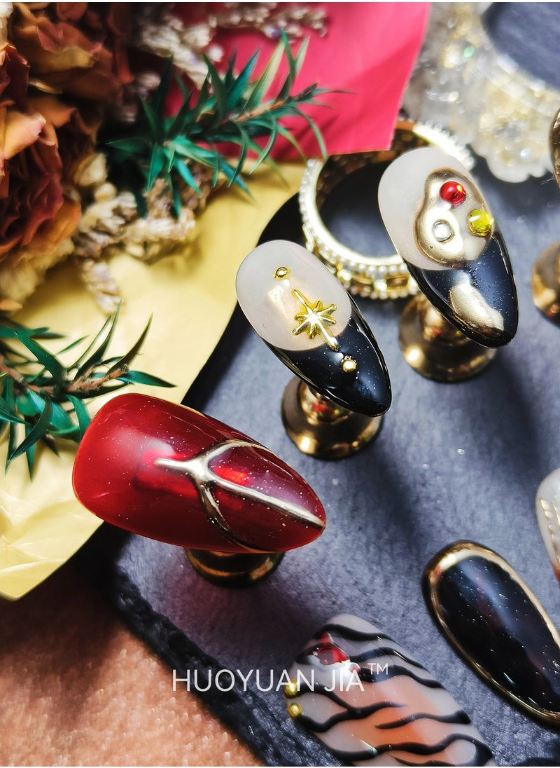 HUOYUAN JIA 10 Pieces Handmade Press On Nails,Reusable and Removable Almond Shaped Fake Nails,American style,Hand Drawn Leopard Print Pattern,Star and Rhinestone Decorations,Comes with A Rubbing Strip and A Piece of Jelly Glue for Fashionable Women's Holiday Gifts,Fake Nail Set  - Image 3