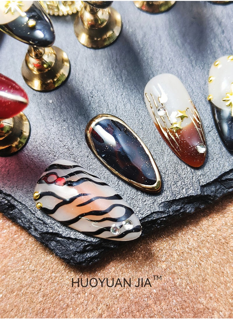 HUOYUAN JIA 10 Pieces Handmade Press On Nails,Reusable and Removable Almond Shaped Fake Nails,American style,Hand Drawn Leopard Print Pattern,Star and Rhinestone Decorations,Comes with A Rubbing Strip and A Piece of Jelly Glue for Fashionable Women's Holiday Gifts,Fake Nail Set  - Image 4