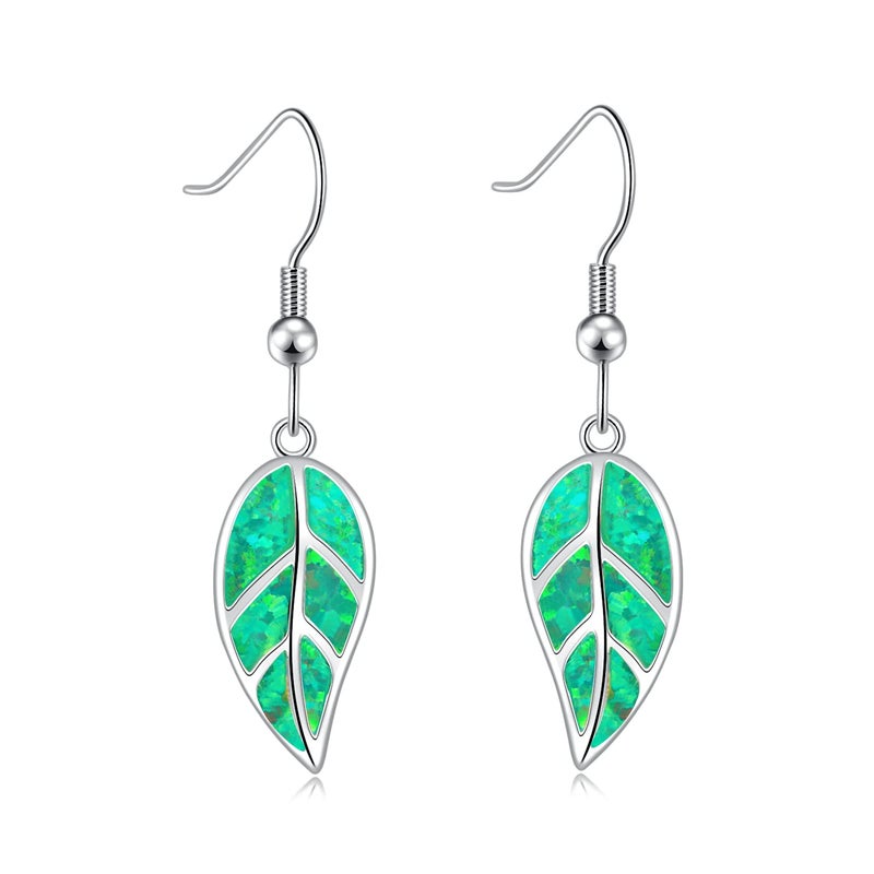 CINily Opal Leaf Dangle Earring White Gold Plated Drop Earrings Green Opal Gemstone Dangle Drop Earrings for Women Hypoallergenic - Image 1