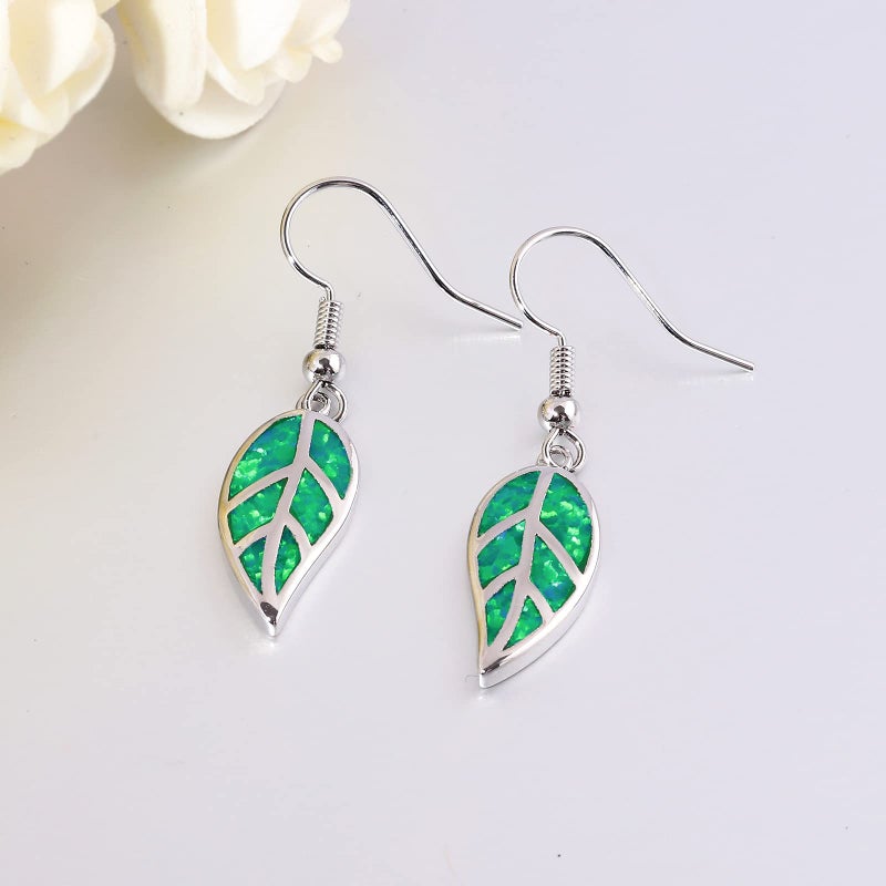CINily Opal Leaf Dangle Earring White Gold Plated Drop Earrings Green Opal Gemstone Dangle Drop Earrings for Women Hypoallergenic - Image 5