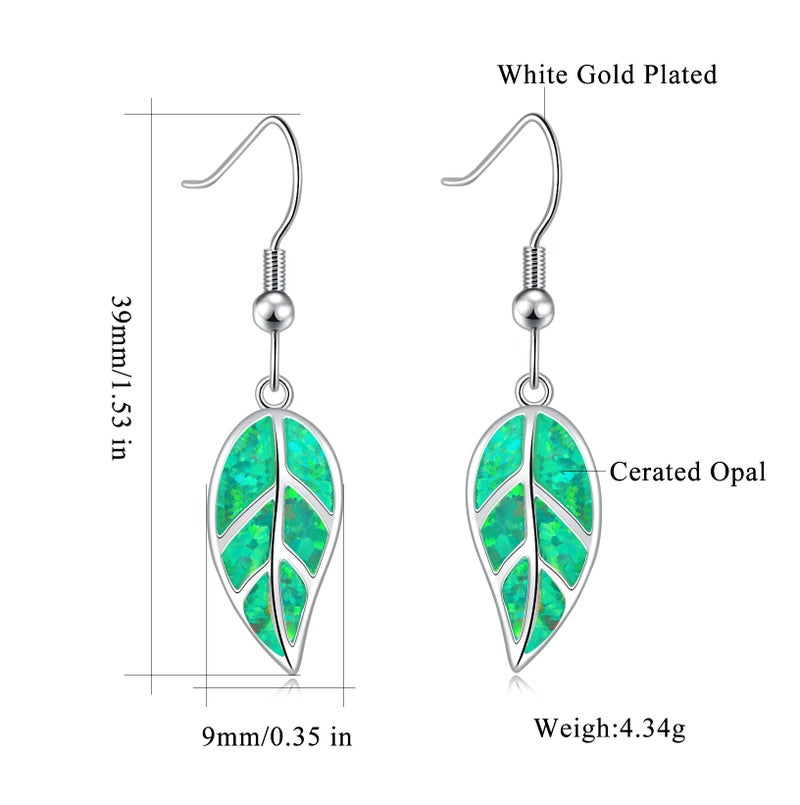 CINily Opal Leaf Dangle Earring White Gold Plated Drop Earrings Green Opal Gemstone Dangle Drop Earrings for Women Hypoallergenic - Image 3