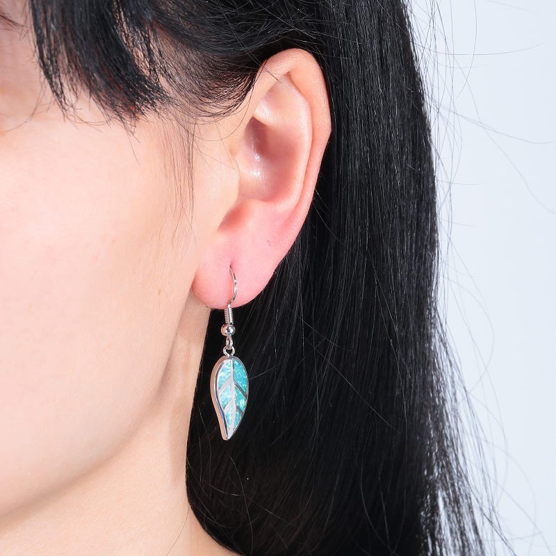 CINily Opal Leaf Dangle Earring White Gold Plated Drop Earrings Green Opal Gemstone Dangle Drop Earrings for Women Hypoallergenic - Image 2