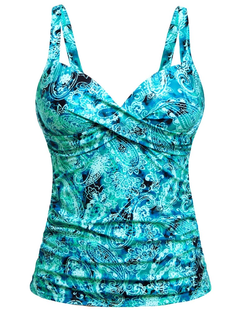 Yonique Women's Underwire Tankini Top Only - Push Up Swimsuit Top with Bra Support Tummy Control Bathing Suit Top No Bottom 2025 Green Paisley L - Image 1