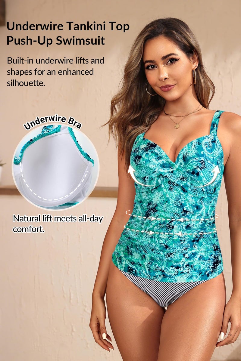 Yonique Women's Underwire Tankini Top Only - Push Up Swimsuit Top with Bra Support Tummy Control Bathing Suit Top No Bottom 2025 Green Paisley L - Image 5