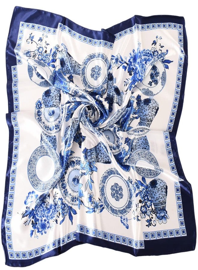 EIysee 35 x 35 Women's Fashion Pattern Large Square Silk Like Hair Scarf Head Sleeping Wrap Satin Neck Bandana for Gift, Blue and White Porcelain-navy Blue, 35 x 35 in - Image 1