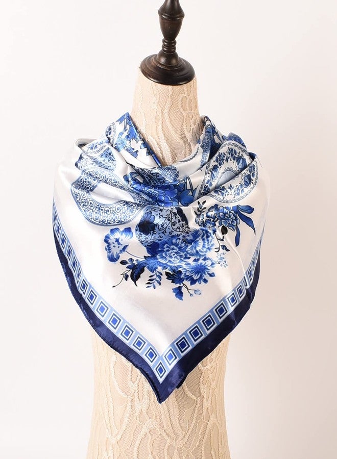 EIysee 35 x 35 Women's Fashion Pattern Large Square Silk Like Hair Scarf Head Sleeping Wrap Satin Neck Bandana for Gift, Blue and White Porcelain-navy Blue, 35 x 35 in - Image 3