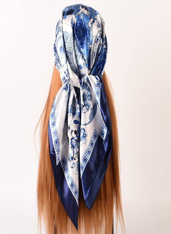 EIysee 35 x 35 Women's Fashion Pattern Large Square Silk Like Hair Scarf Head Sleeping Wrap Satin Neck Bandana for Gift, Blue and White Porcelain-navy Blue, 35 x 35 in - Image 2