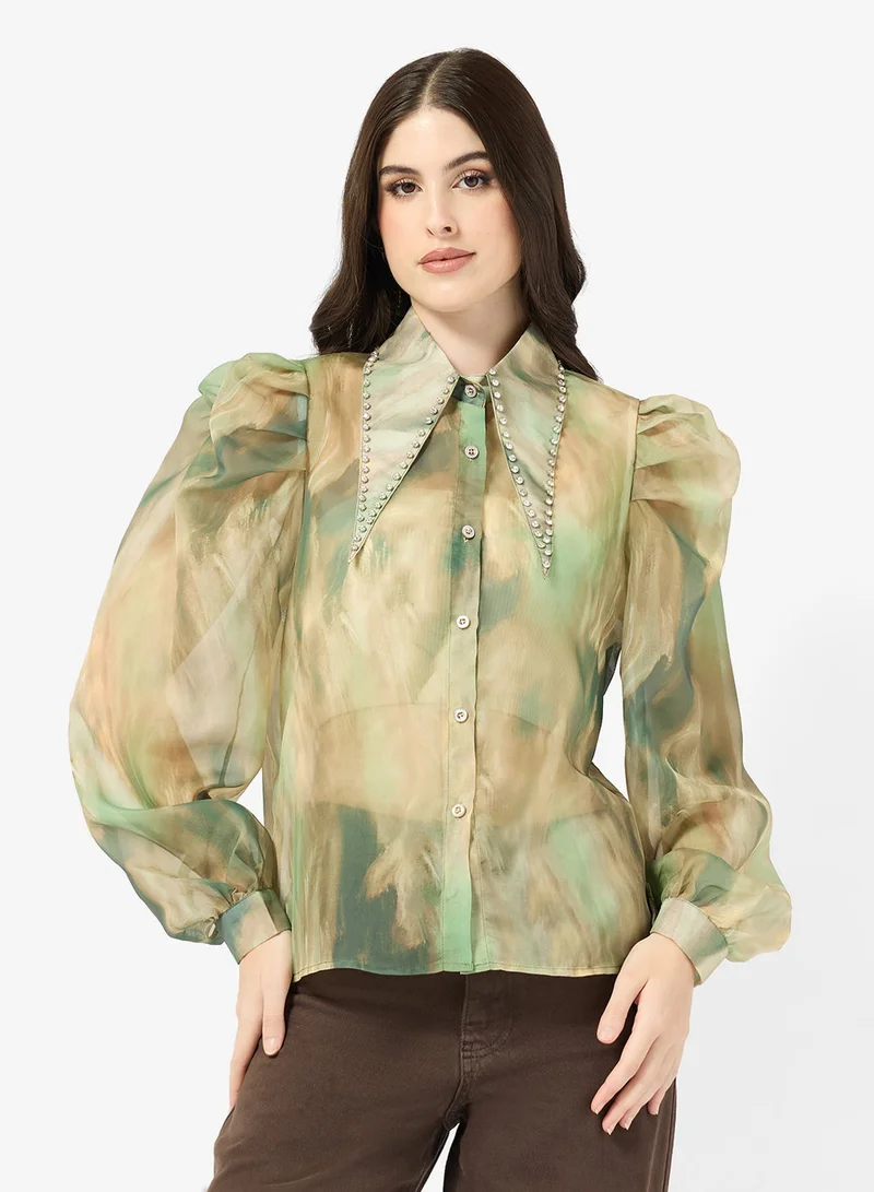 ELLA Ombre Print Shirt With Embellished Collar