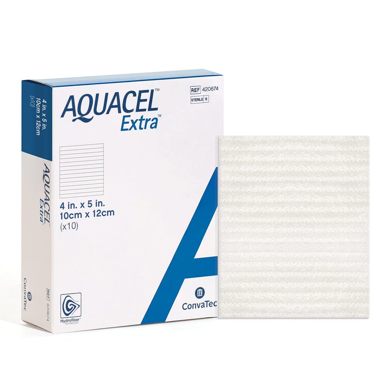 ConvaTec AQUACEL Extra 4"x5" Hydrofiber Absorbant Dressing for Moderate to Highly Exuding Wounds, Non-Woven Two-Dimensional Strengthening Fibers, Rectangle, 10ct Box - Image 1