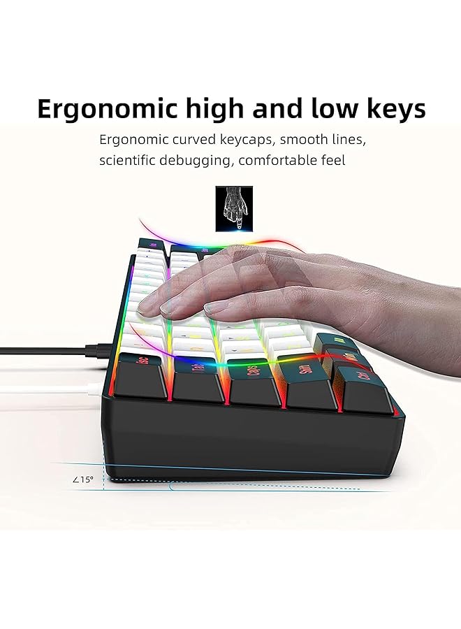 روك بو لوحة مفاتيح ألعاب سلكية 60% بإضاءة خلفية RGB ولوحة مفاتيح صغيرة للغاية ومقاومة للماء وصغيرة الحجم 61 مفتاحًا لأجهزة الكمبيوتر الشخصية/ماك واللاعبين والكتاب والسفر وسهلة الحمل في رحلات العمل (أسود وأبيض) - Image 3