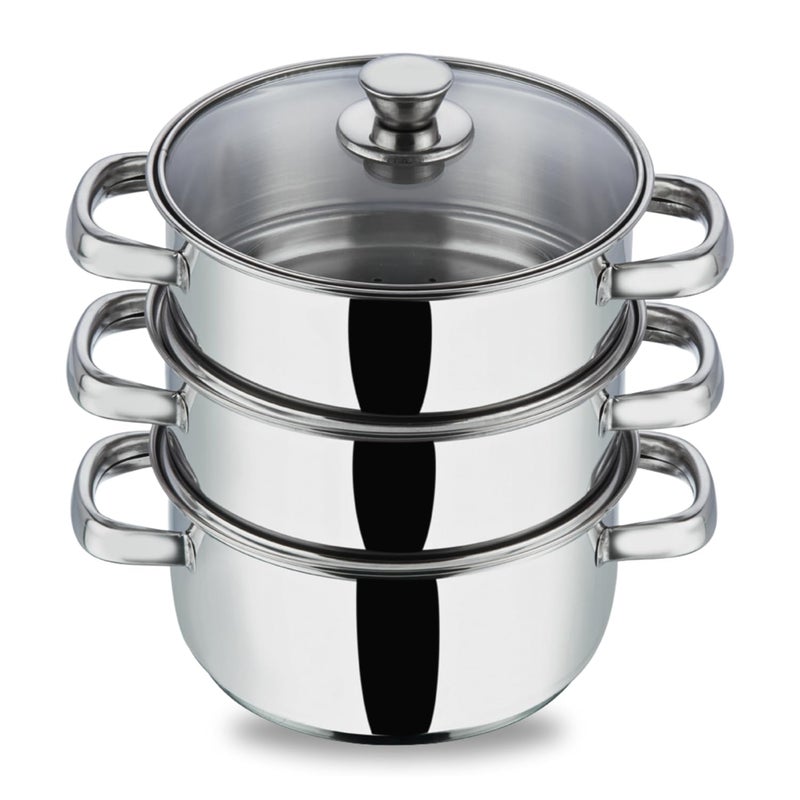 VINOD Vinod Stainless Steel 3 Tier Steamer/Momo/Modak Maker with Glass Lid - 18cm (Induction and Gas Stove Friendly), 2 Year Warranty, Silver 