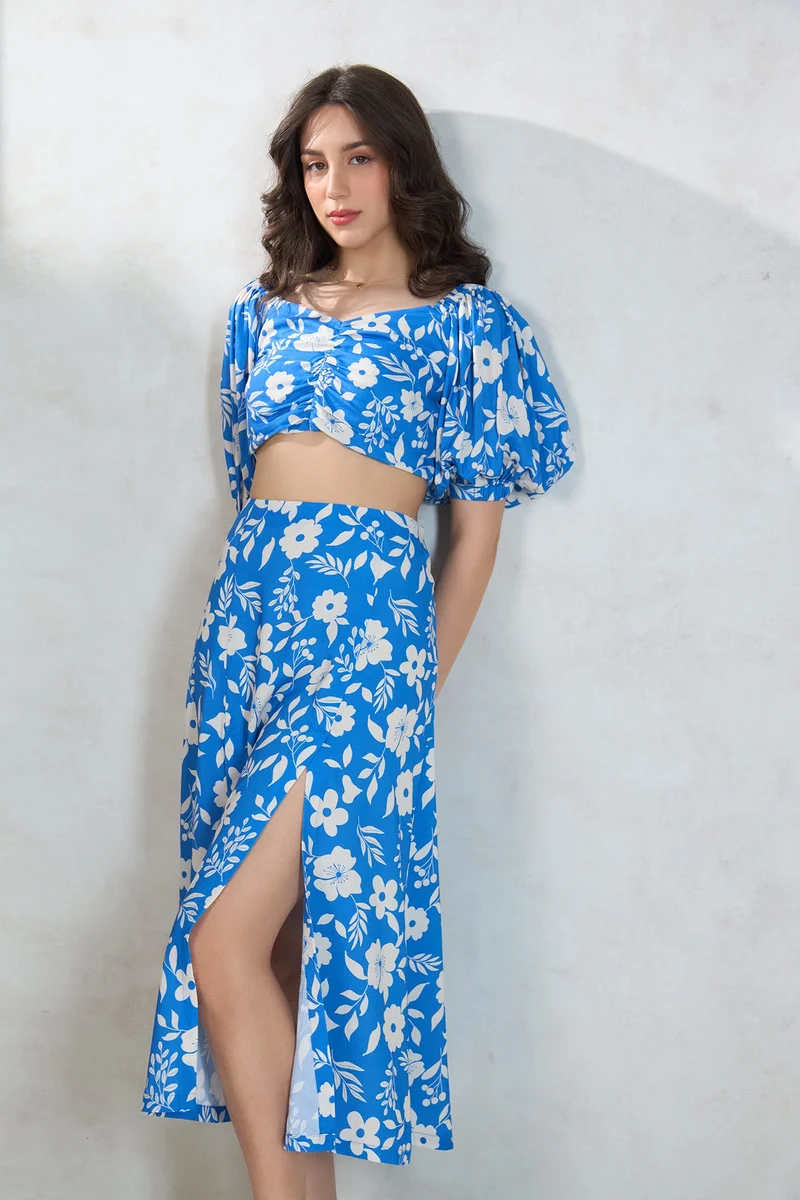 فيرجيو Floral Modal Flare Skirt With Front Slit for Women