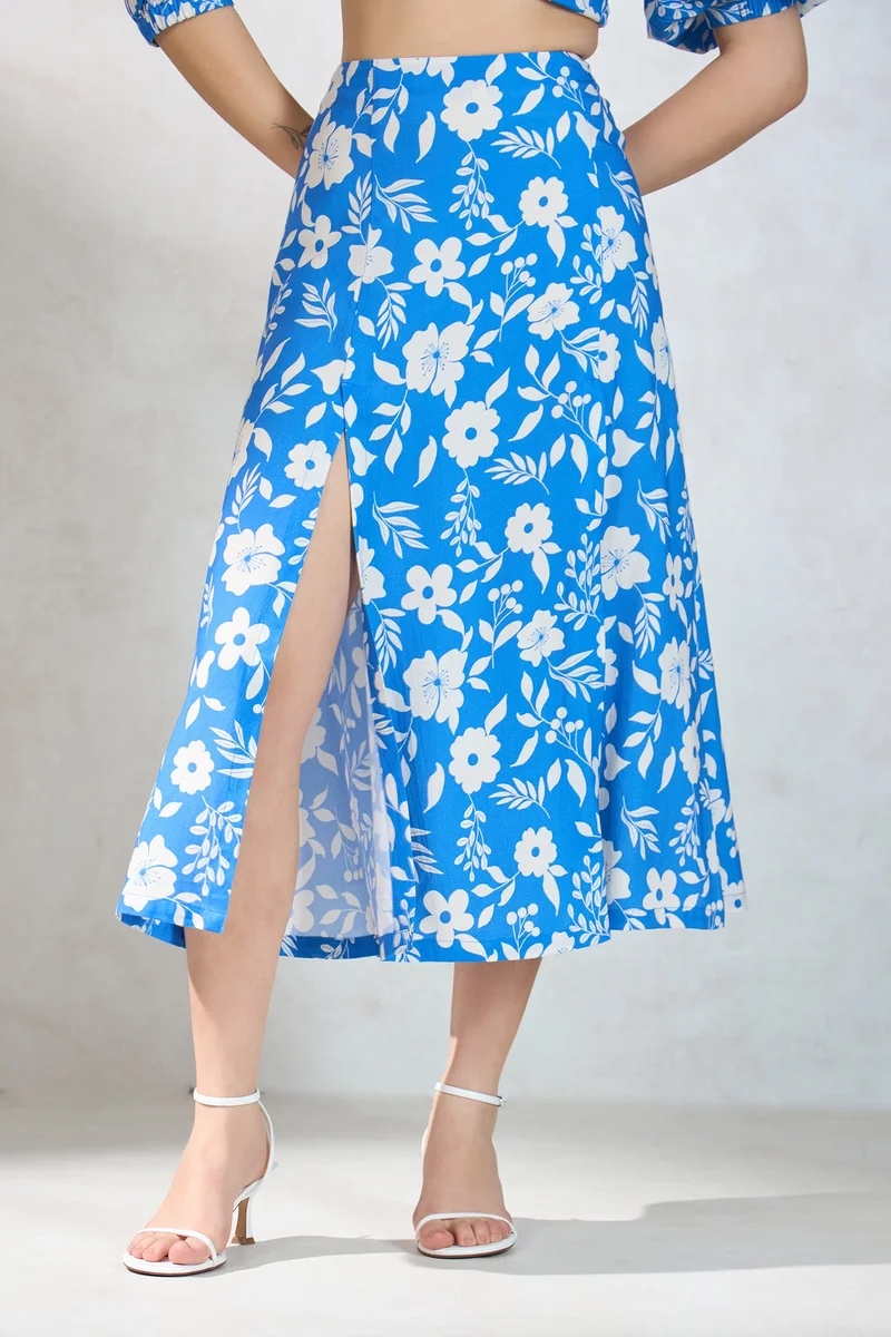 فيرجيو Floral Modal Flare Skirt With Front Slit for Women