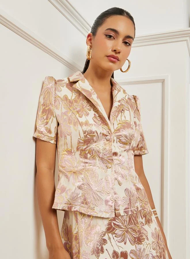 Gold Floral Jacquard Lapel Collar Shirt