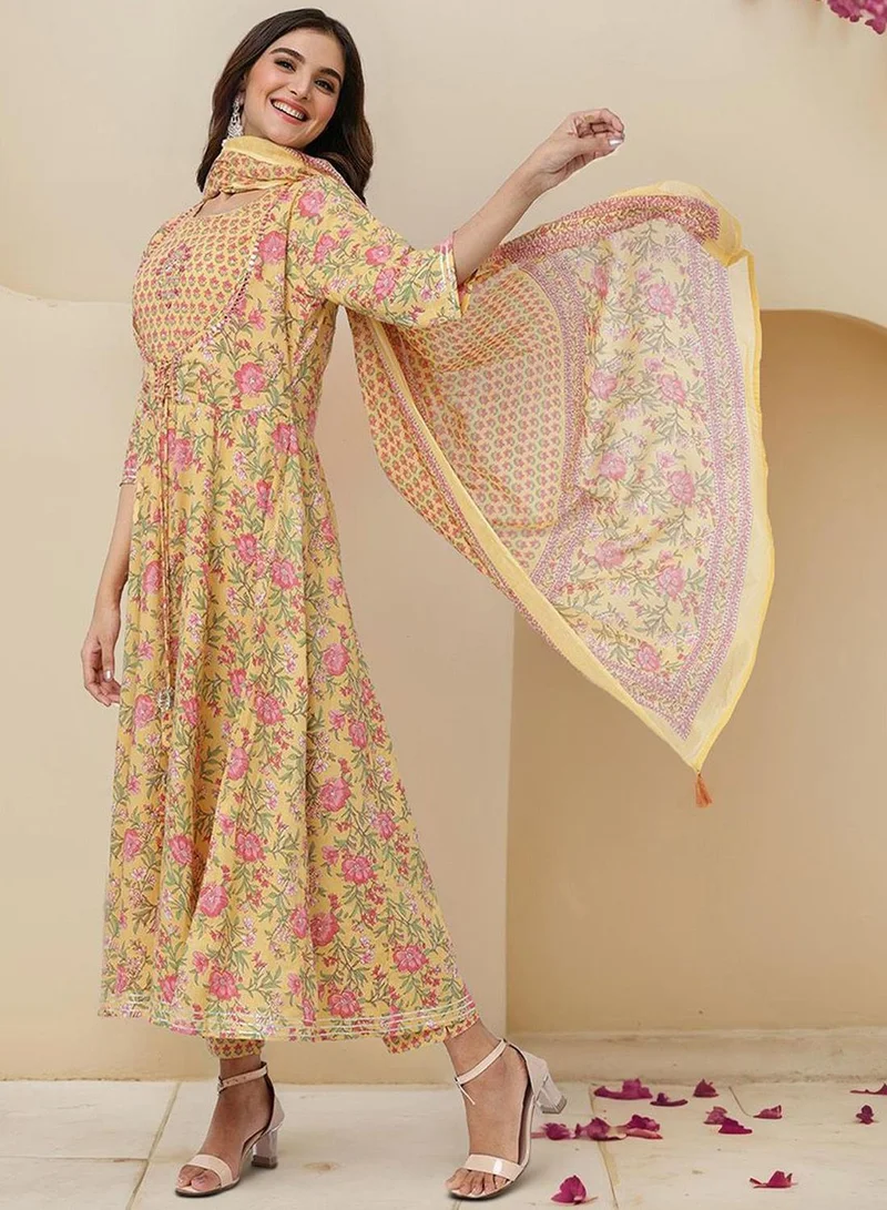 ISHIN Women's Yellow 100% Cotton Embellished Tunic Full Length Casual Straight Fit Kurta Set