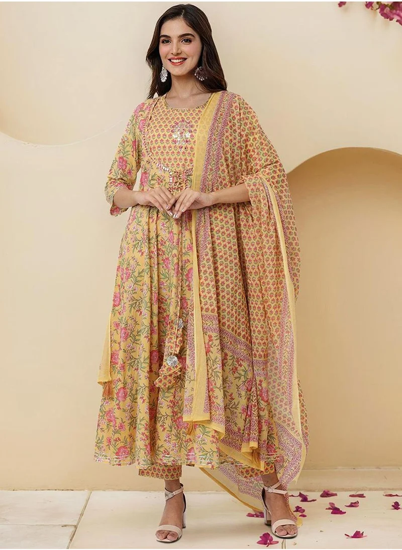 آي شين Women's Yellow 100% Cotton Embellished Tunic Full Length Casual Straight Fit Kurta Set