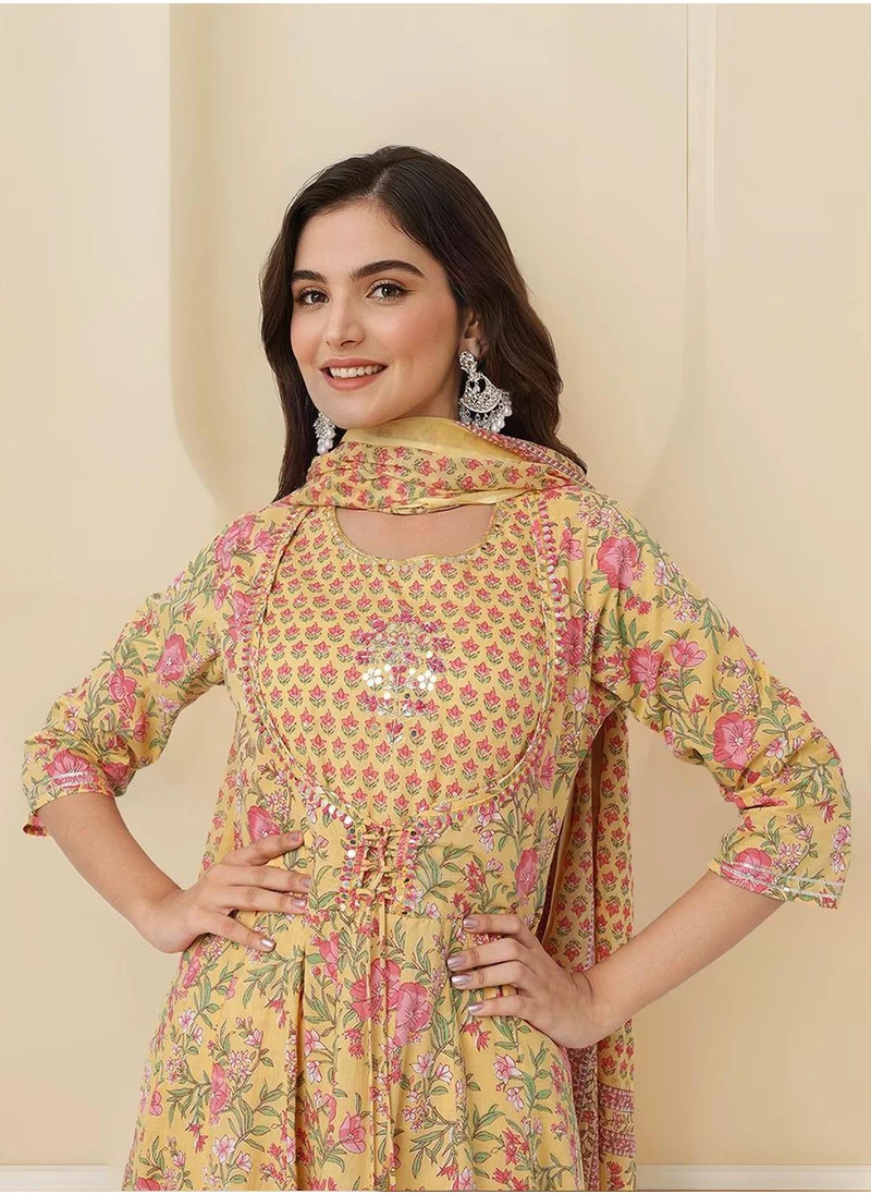 آي شين Women's Yellow 100% Cotton Embellished Tunic Full Length Casual Straight Fit Kurta Set