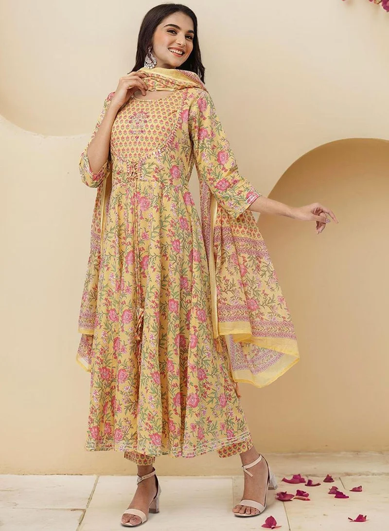ISHIN Women's Yellow 100% Cotton Embellished Tunic Full Length Casual Straight Fit Kurta Set