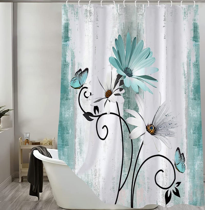 Veivian Rustic Farmhouse Startain Farm Teal Daisy Floral Flowers and Butterfly on Country Wooden Shower Startain for Bathrate Fruphoise Blue Bather Bather Bather مع 12 ٪