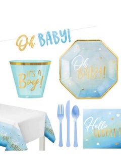 Oh Baby Boy Premium Tableware Party Supplies, Includes Plates, Cups, Cutlery, Napkins,  Tablecover and a Banner for 8 Guests