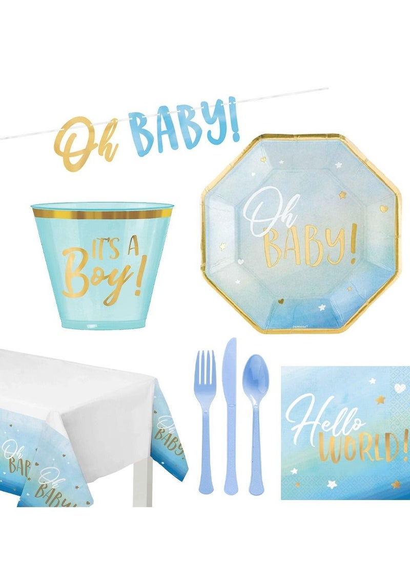 Amscan - Oh Baby Boy Premium Tableware Party Supplies, Includes Plates, Cups, Cutlery, Napkins,  Tablecover and a Banner for 8 Guests - Image 1