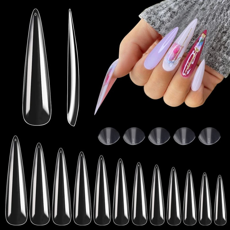 Namgznso 600PCS No C Curve Stiletto Nail Tips XXXL Extra Long Stiletto Full Cover Nail Tips for Acrylic Nails Professional 3XL Clear Flattened Fake Nail for Salons Home DIY Nail Art 12 Sizes