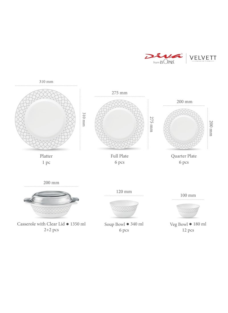 La Opala - La Opala Diva Velvett Collection Opal Glass Crockery | for Family of 6 | Dinner Set 35 pcs Pearl Grey | Plates & Bowls for Dining | Microwave Safe | 100% Vegetarian | Extra Strong | Light & White - Image 1