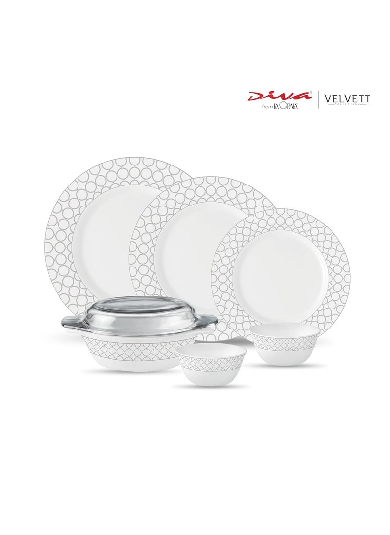 La Opala - La Opala Diva Velvett Collection Opal Glass Crockery | for Family of 6 | Dinner Set 35 pcs Pearl Grey | Plates & Bowls for Dining | Microwave Safe | 100% Vegetarian | Extra Strong | Light & White - Image 1