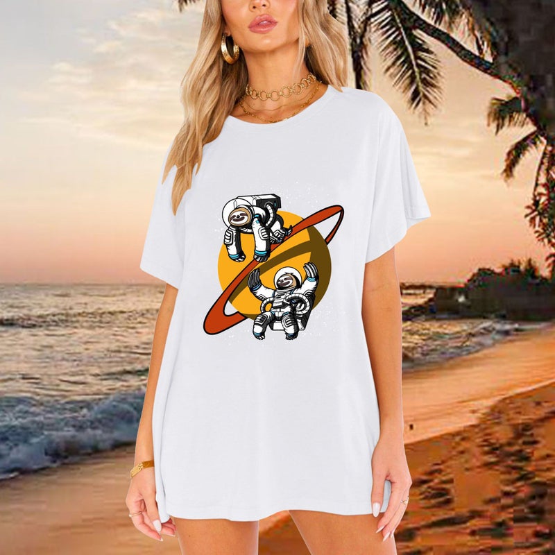 New Shirt Shoulder Sloth Astronaut Moon T-Shirt Loose Pattern Women'S T-Shirt - Image 5