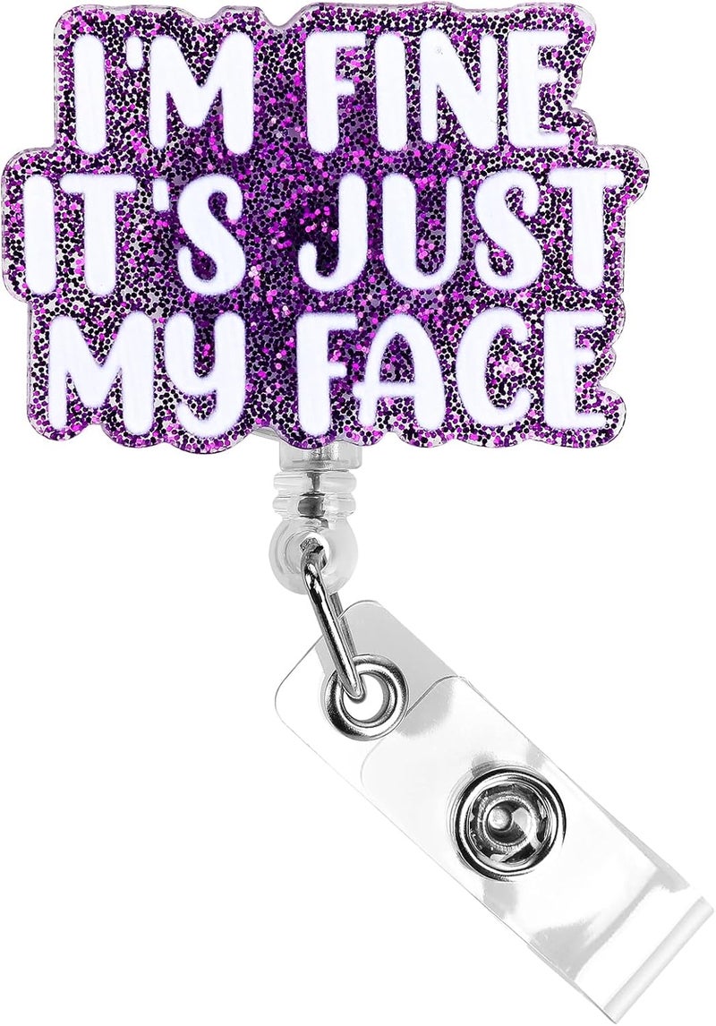 Dimeho Funny Badge Reels Retractable ID Card Holder I'm Fine It's Just My Face Name Tag Alligator Clip Heavy Duty Swivel Keychain for Nurse Student Medical Assistant Doctor Teacher Office Work - Image 1