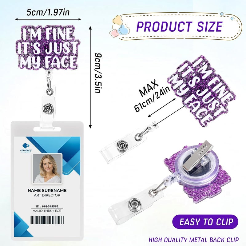 Dimeho Funny Badge Reels Retractable ID Card Holder I'm Fine It's Just My Face Name Tag Alligator Clip Heavy Duty Swivel Keychain for Nurse Student Medical Assistant Doctor Teacher Office Work - Image 2