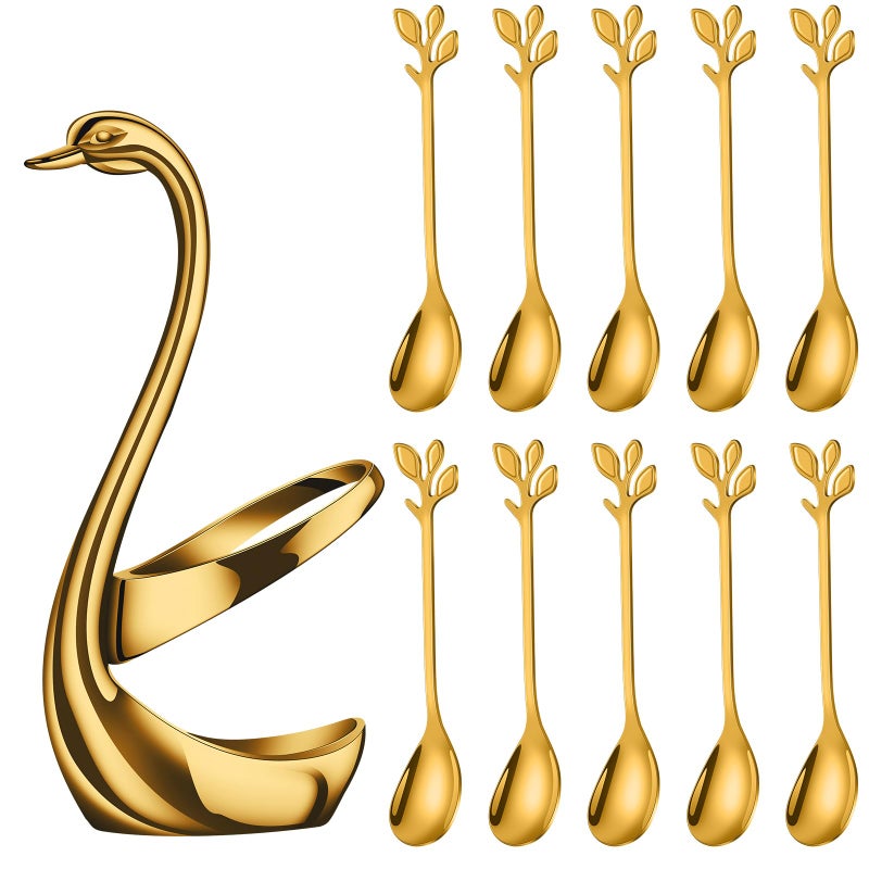 AnSaw Gold Small Coffee Spoon Holder SetSwan Base With 10 Pcs Demitasse Espresso Spoons Set47 Mini Leaf Dessert SpoonStainless Steel Tea Spoons