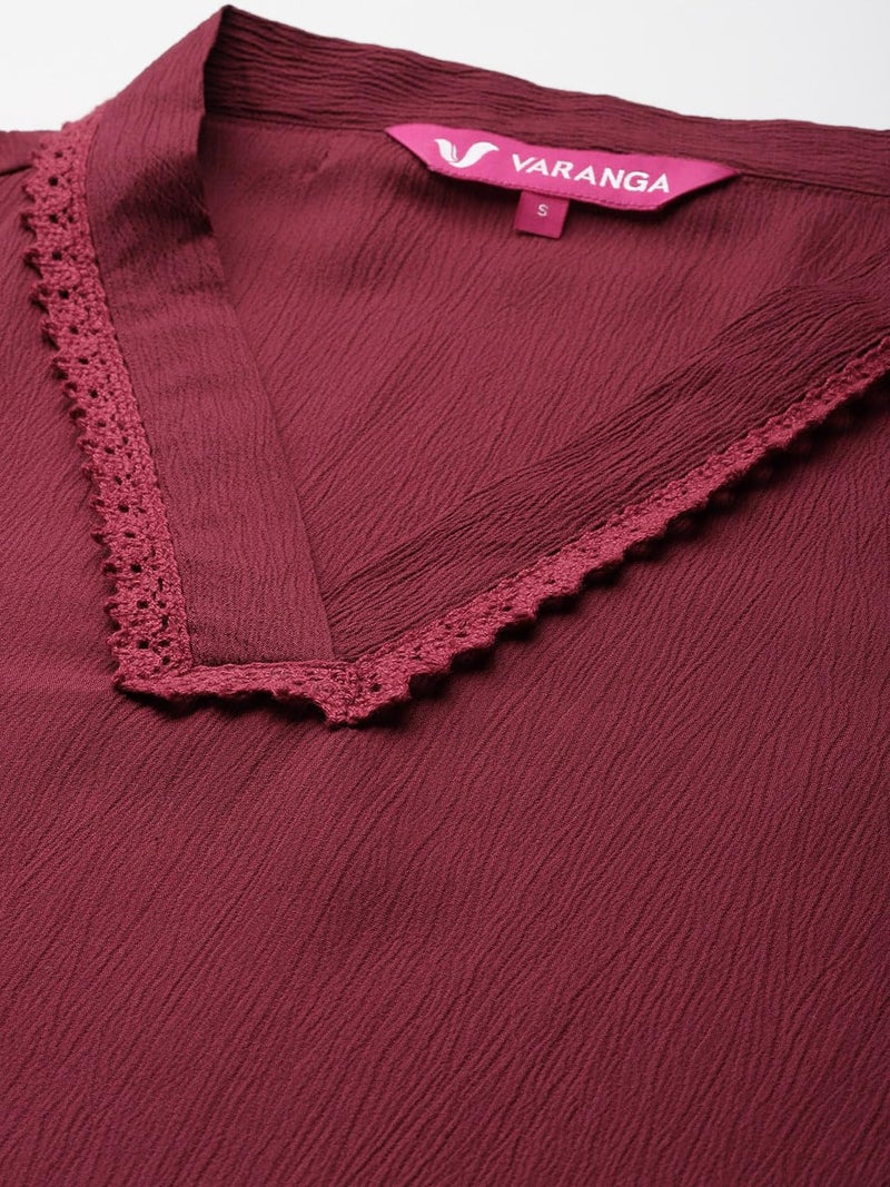 Varanga Women Maroon V Neck Three Quarter Sleeves Cotton Lace Straight Kurta with Tonal Bottom - Casual Ethnic Suit Set for Women (Extra Large) - Image 4
