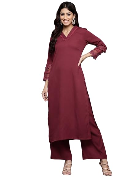 Varanga Women Maroon V Neck Three Quarter Sleeves Cotton Lace Straight Kurta with Tonal Bottom - Casual Ethnic Suit Set for Women (Extra Large) - Image 1