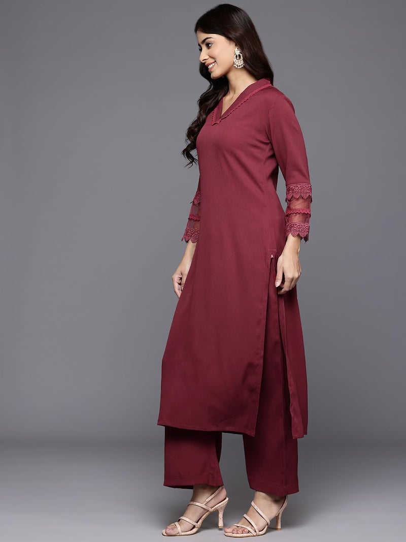 Varanga Women Maroon V Neck Three Quarter Sleeves Cotton Lace Straight Kurta with Tonal Bottom - Casual Ethnic Suit Set for Women (Extra Large) - Image 2